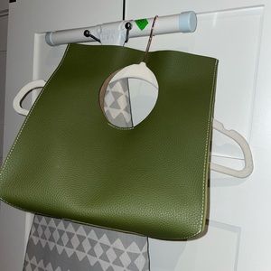 Olive faux leather tote purse with tan faux suede interior